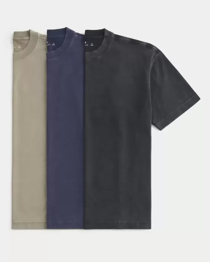 3er-Pack kastige, schwere T-Shirts mit verwaschenem Rundhalsausschnitt