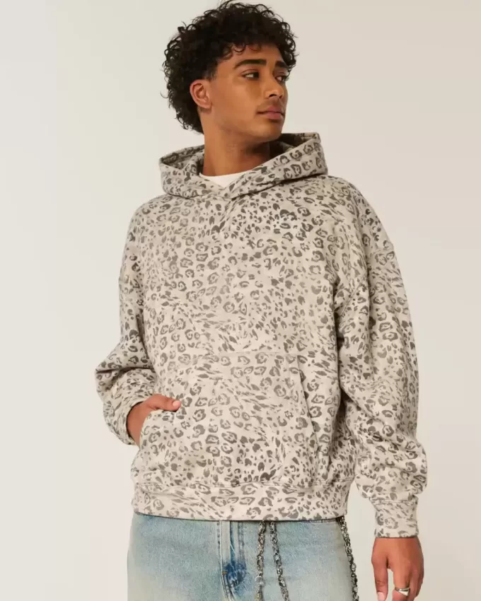 Baggy-Hoodie mit Cinch-Ausschnitt und Leopardenmuster
