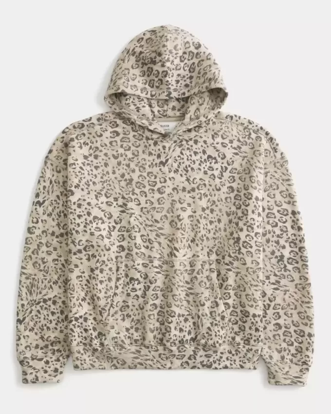 Baggy-Hoodie mit Cinch-Ausschnitt und Leopardenmuster