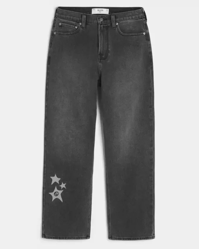 Baggy-Jeans in verwaschenem Schwarz mit Stern-Grafik