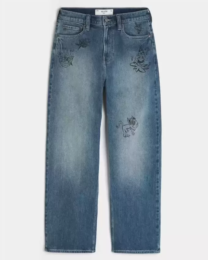 Baggy-Jeans mit Doodle-Muster in mittlerer Waschung