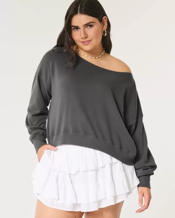 Bequemes, schulterfreies Frottee-Sweatshirt Bequemes, schulterfreies Frottee-Sweatshirt