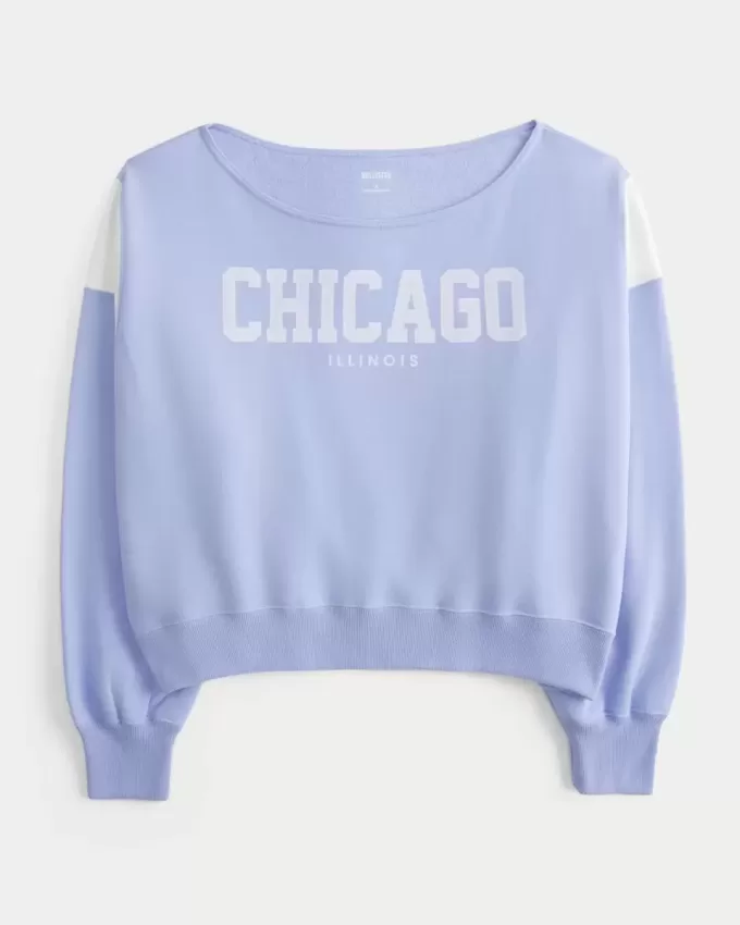 Bequemes, schulterfreies Sweatshirt mit Chicago-Grafik