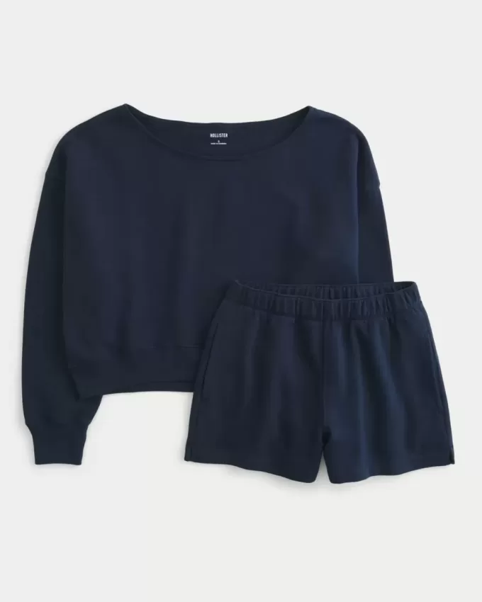Bequemes Set aus schulterfreiem Sweatshirt und Fleece-Shorts