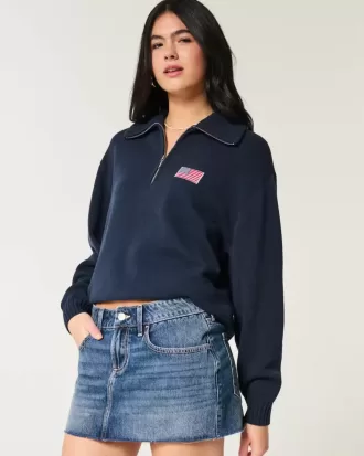 Übergroßer Pullover mit amerikanischer Flaggengrafik und halbem Reißverschluss