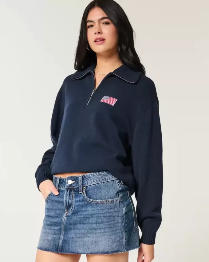 Übergroßer Pullover mit amerikanischer Flaggengrafik und halbem Reißverschluss