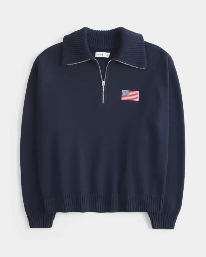 Übergroßer Pullover mit amerikanischer Flaggengrafik und halbem Reißverschluss