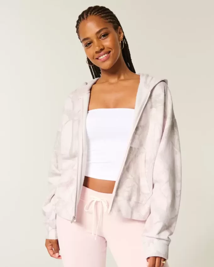 Übergroßer rosa Camouflage-Kapuzenpullover mit Reißverschluss