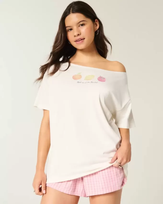 Übergroßes schulterfreies Farmers Market-Grafik-T-Shirt Übergroßes schulterfreies Farmers Market-Grafik-T-Shirt