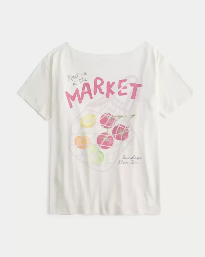 Übergroßes schulterfreies Farmers Market-Grafik-T-Shirt Übergroßes schulterfreies Farmers Market-Grafik-T-Shirt