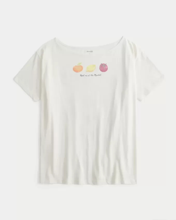 Übergroßes schulterfreies Farmers Market-Grafik-T-Shirt Übergroßes schulterfreies Farmers Market-Grafik-T-Shirt