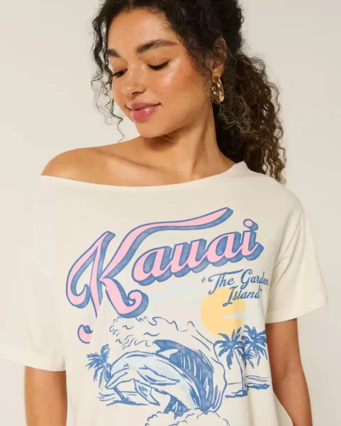 Übergroßes schulterfreies Kauai-Grafik-T-Shirt