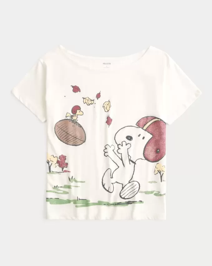 Übergroßes schulterfreies T-Shirt mit Snoopy-Grafik