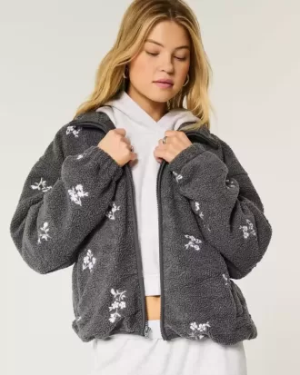 Bestickte Sherpa-Fleecejacke