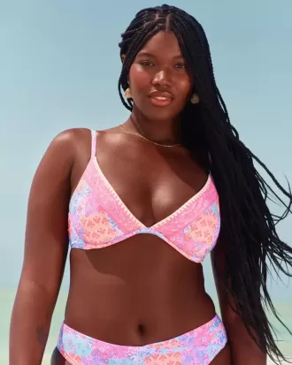 Bikinioberteil mit tiefem Ausschnitt und Bügel und Stickereien