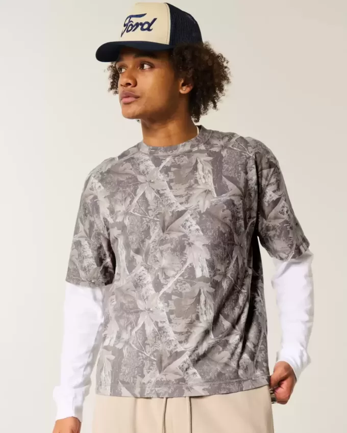 Boxy Crop Heavyweight T-Shirt mit Rundhalsausschnitt und Camouflage-Muster Boxy Crop Heavyweight T-Shirt mit Rundhalsausschnitt und Camouflage-Muster