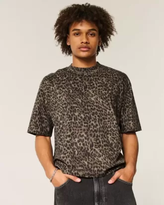 Boxy Crop Heavyweight T-Shirt mit Rundhalsausschnitt und Leopardenmuster