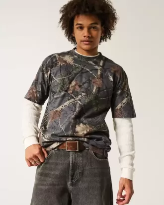 Boxy Heavyweight T-Shirt mit Rundhalsausschnitt und Camouflage-Muster