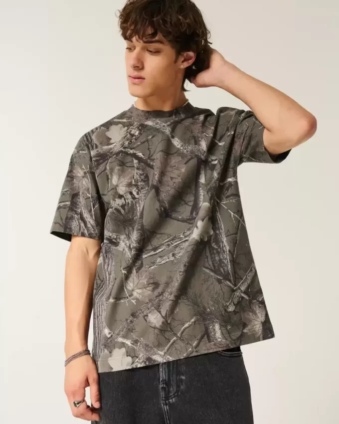 Boxy Heavyweight T-Shirt mit Rundhalsausschnitt und Camouflage-Muster Boxy Heavyweight T-Shirt mit Rundhalsausschnitt und Camouflage-Muster