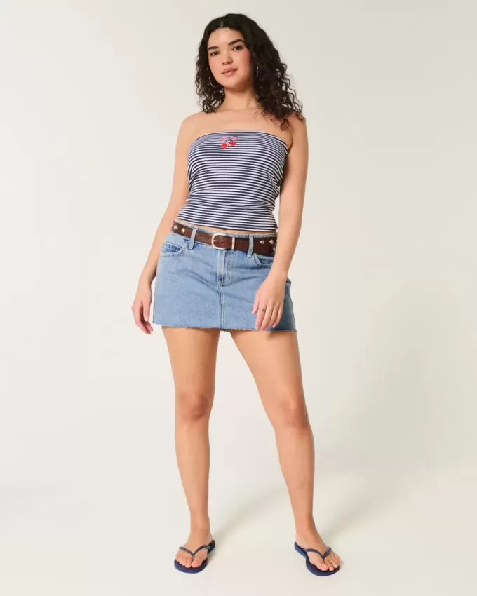 Curvy Low-Rise-Mini-Skort aus Denim in mittlerer Waschung Curvy Low-Rise-Mini-Skort aus Denim in mittlerer Waschung