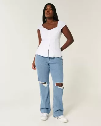 Curvy Low-Rise Ripped Relaxed Straight Jeans in mittlerer Waschung