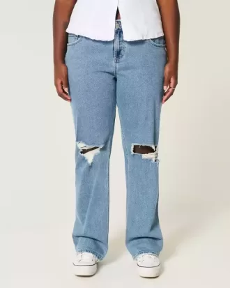 Curvy Low-Rise Ripped Relaxed Straight Jeans in mittlerer Waschung