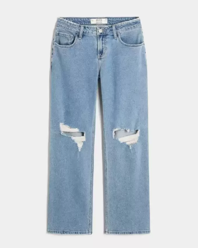 Curvy Low-Rise Ripped Relaxed Straight Jeans in mittlerer Waschung