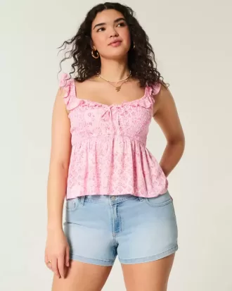 Curvy Low-Rise-Shortie-Shorts aus Denim mit heller Waschung und Blumenstickerei