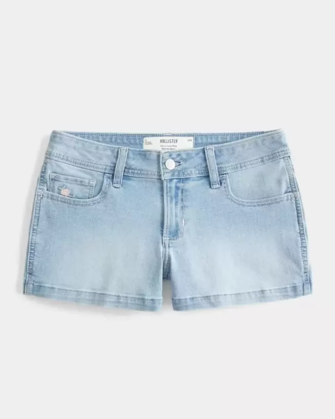 Curvy Low-Rise-Shortie-Shorts aus Denim mit heller Waschung und Blumenstickerei Curvy Low-Rise-Shortie-Shorts aus Denim mit heller Waschung und Blumenstickerei