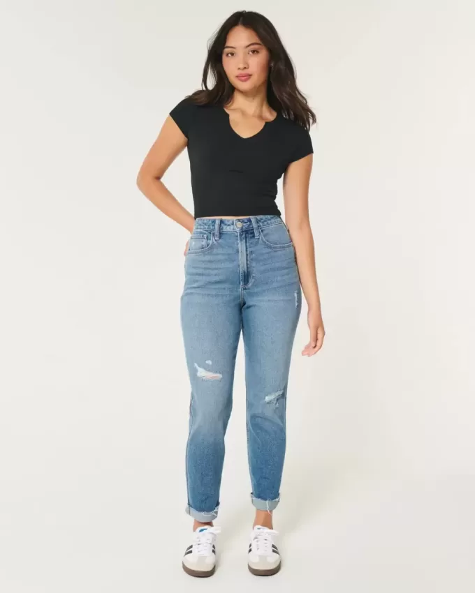 Curvy Ultra High Rise zerrissene Mom-Jeans in mittlerer Waschung