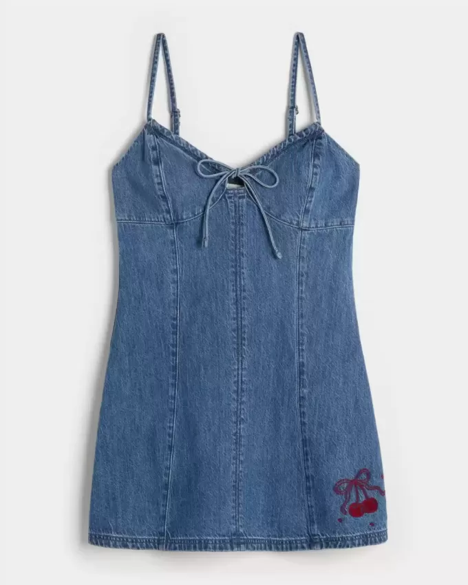 Denim-Minikleid mit Kirschgrafik