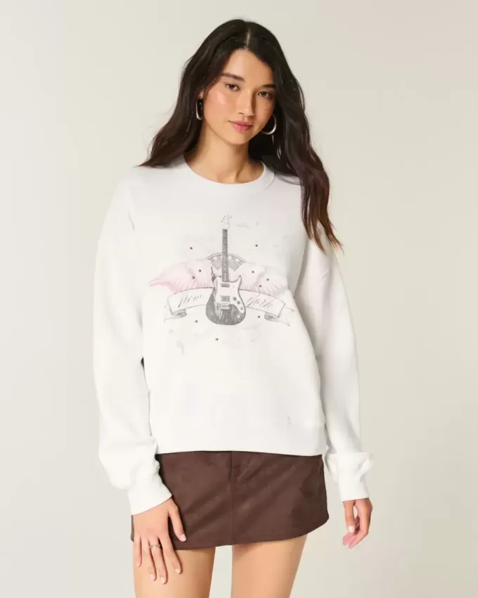 Easy New York – Sweatshirt mit Rundhalsausschnitt und Grafik und Gitarrennieten
