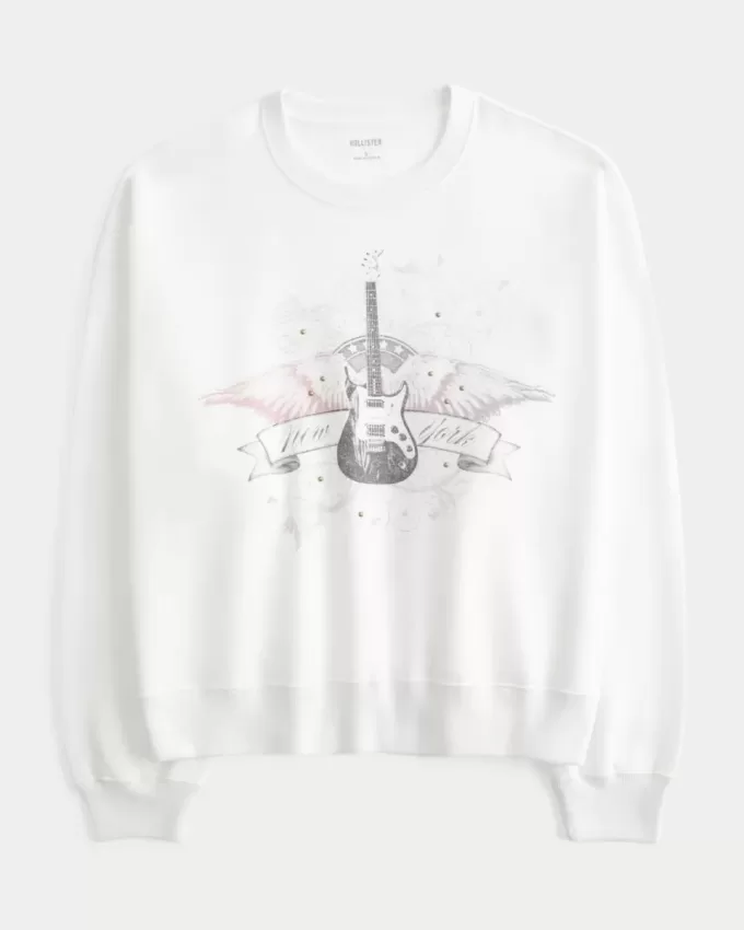 Easy New York – Sweatshirt mit Rundhalsausschnitt und Grafik und Gitarrennieten