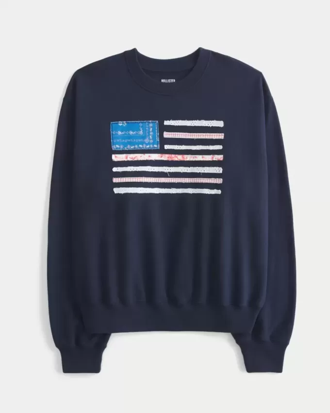 Easy Rundhals-Sweatshirt mit amerikanischer Flaggengrafik Easy Rundhals-Sweatshirt mit amerikanischer Flaggengrafik