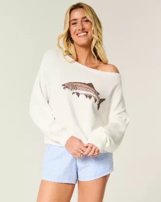 Einfacher schulterfreier Pullover mit Fischgrafik