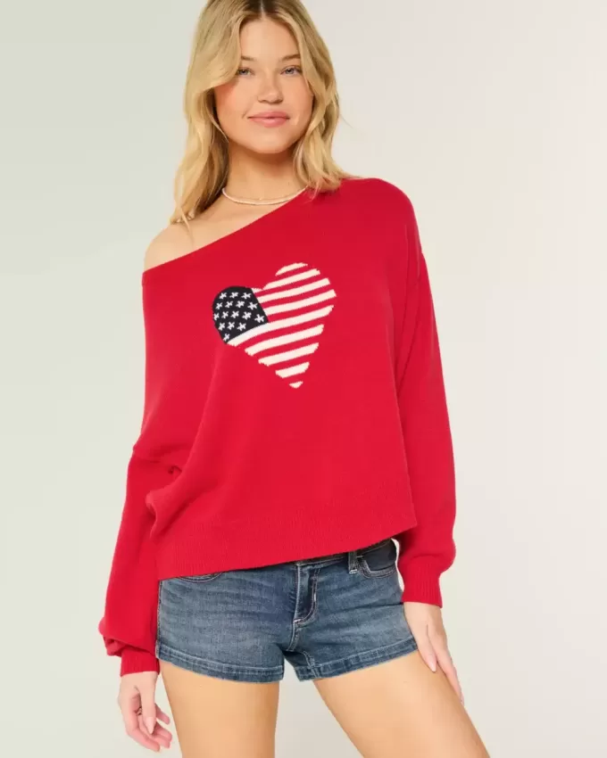 Einfacher schulterfreier Pullover mit Herzflaggen-Grafik Einfacher schulterfreier Pullover mit Herzflaggen-Grafik