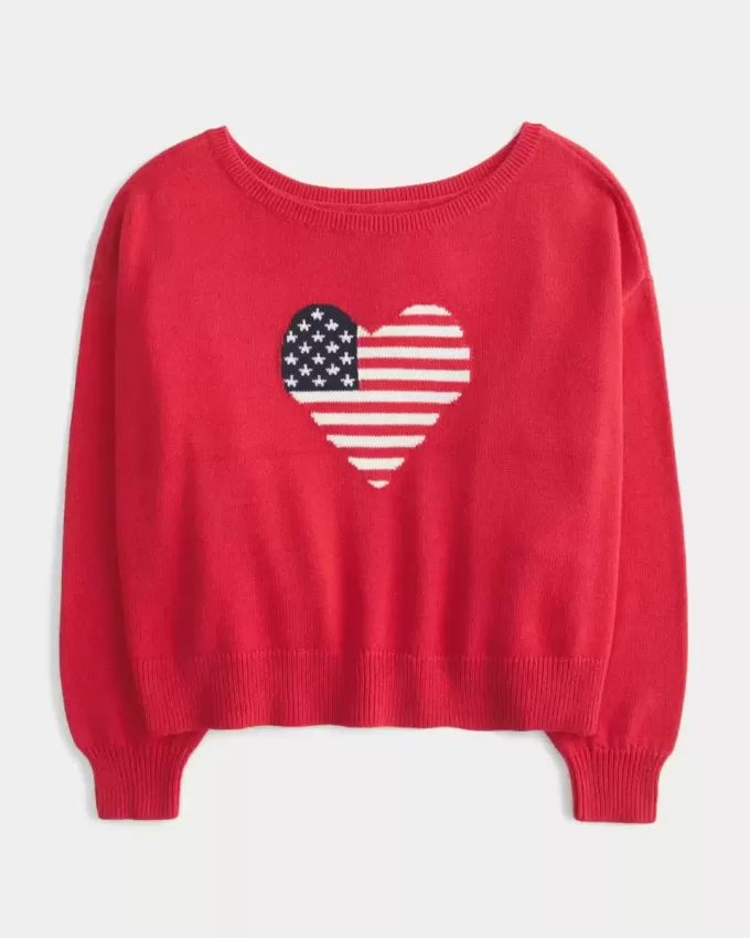 Einfacher schulterfreier Pullover mit Herzflaggen-Grafik Einfacher schulterfreier Pullover mit Herzflaggen-Grafik