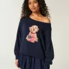 Einfacher schulterfreier Pullover mit Hundegrafik Einfacher schulterfreier Pullover mit Hundegrafik