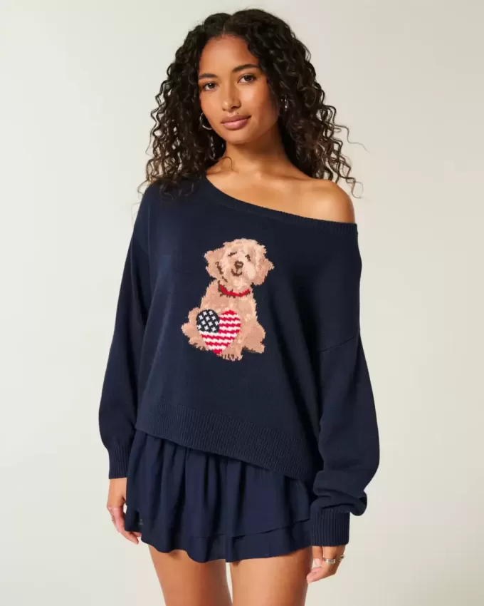 Einfacher schulterfreier Pullover mit Hundegrafik Einfacher schulterfreier Pullover mit Hundegrafik