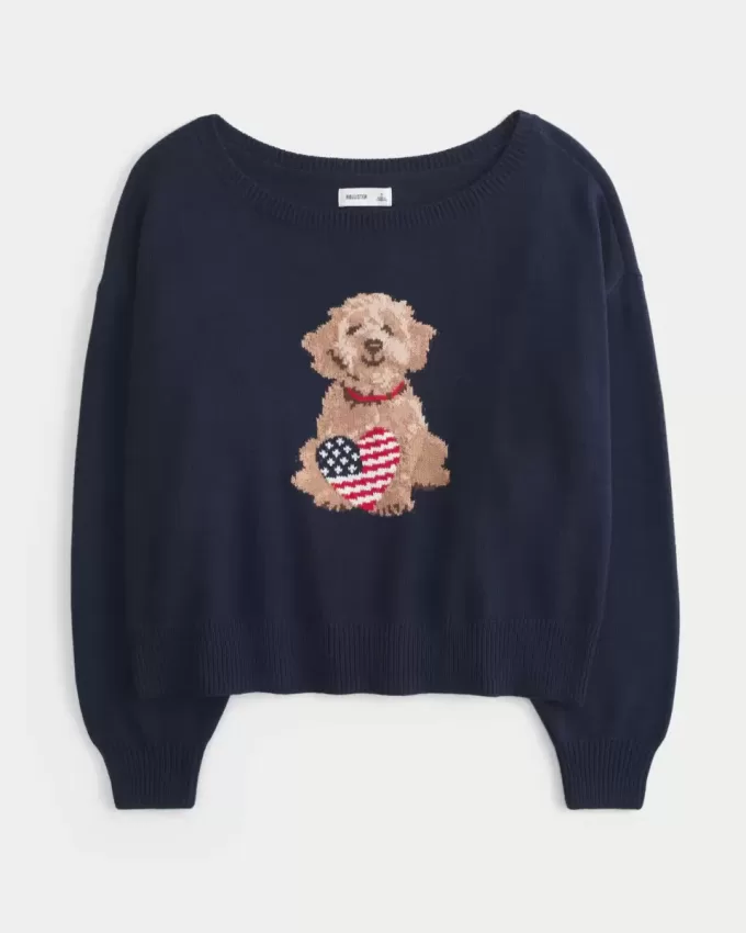 Einfacher schulterfreier Pullover mit Hundegrafik Einfacher schulterfreier Pullover mit Hundegrafik