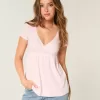 Einfaches Babydoll-Oberteil mit kurzen Ärmeln und Spitzenbesatz