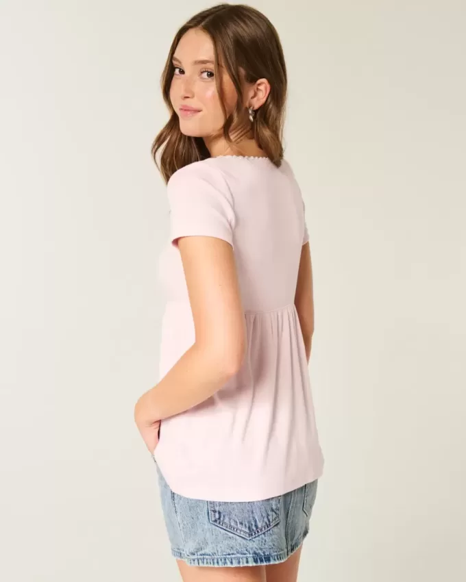 Einfaches Babydoll-Oberteil mit kurzen Ärmeln und Spitzenbesatz
