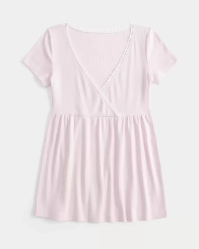 Einfaches Babydoll-Oberteil mit kurzen Ärmeln und Spitzenbesatz
