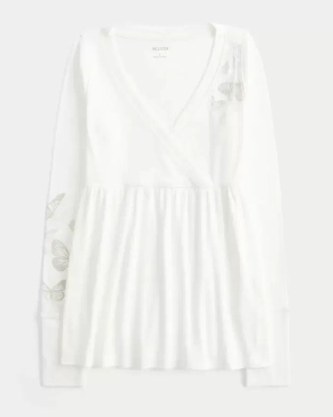 Einfaches langärmliges Babydoll-Oberteil mit Schmetterlingsmuster Einfaches langärmliges Babydoll-Oberteil mit Schmetterlingsmuster