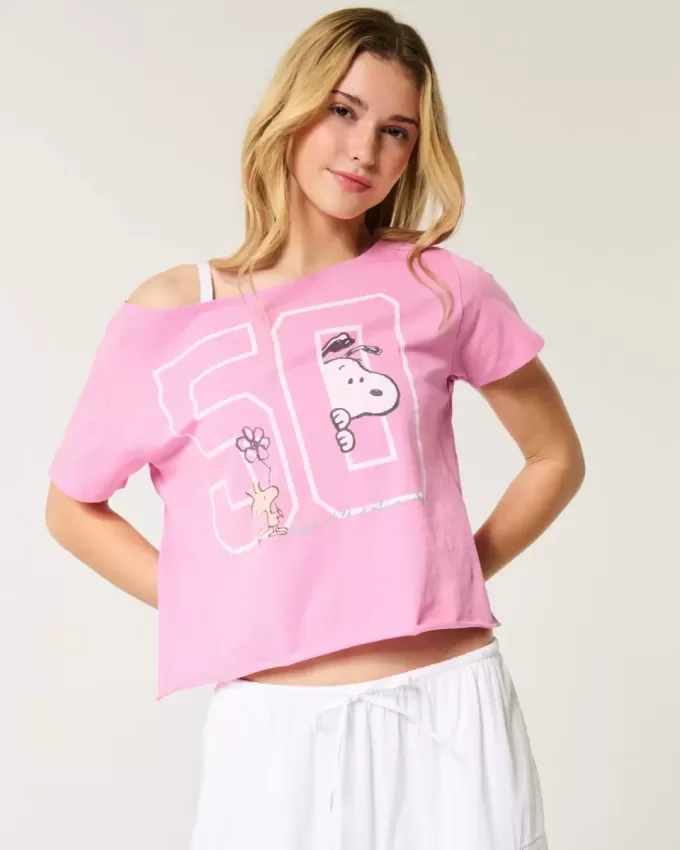 Einfaches schulterfreies T-Shirt mit Snoopy-Grafik Einfaches schulterfreies T-Shirt mit Snoopy-Grafik