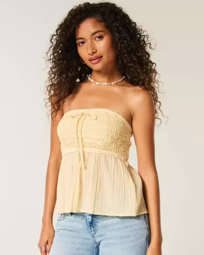 Einfaches trägerloses Babydoll-Top aus Häkelmischung Einfaches trägerloses Babydoll-Top aus Häkelmischung