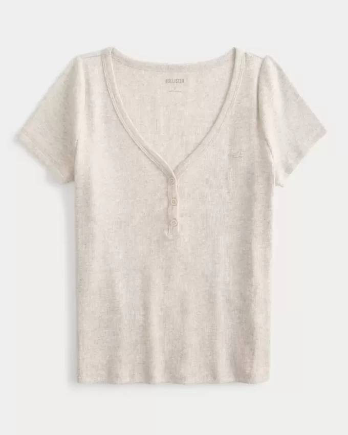 Geripptes Henley-Shirt mit kurzen Ärmeln und Symbol