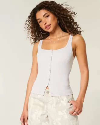 Geripptes Tanktop mit durchgehender Knopfleiste und quadratischem Ausschnitt