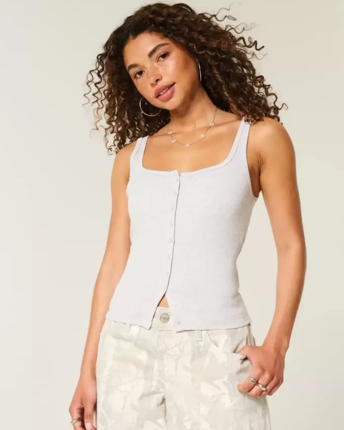Geripptes Tanktop mit durchgehender Knopfleiste und quadratischem Ausschnitt