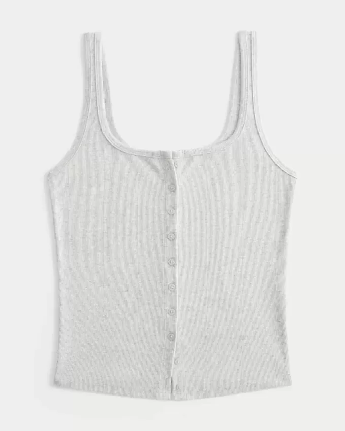 Geripptes Tanktop mit durchgehender Knopfleiste und quadratischem Ausschnitt